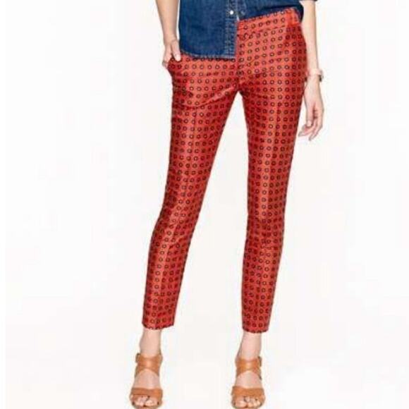 J. Crew Collection Neck Tie Capri Silk Cigarette Pants Red Navy Blue Gold Sz 8 - Picture 1 of 13